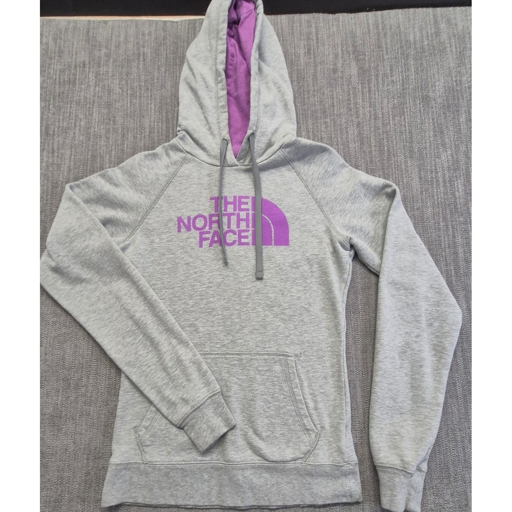 The North Face Women Gray Hoodie XS Purple Logo Graphic Front Pocket Drawstring